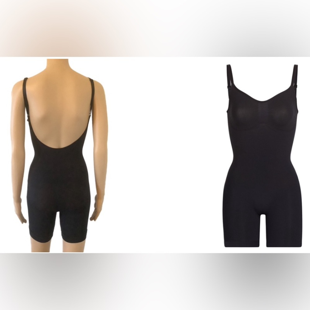 Skims Sculpting Bodysuit Mid Thigh, Open Gusset, Onyx/black S/M